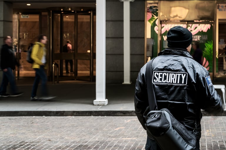 Security officer stationed at a commercial building