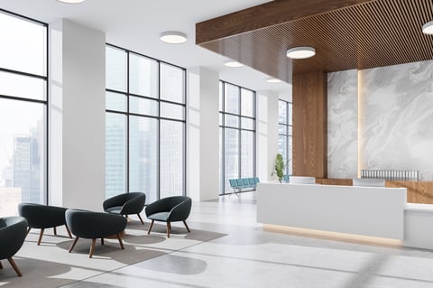 Modern corporate office lobby with reception